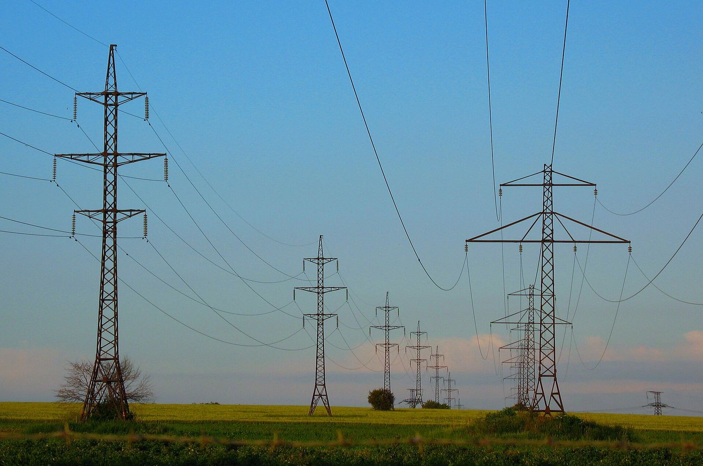 Une ligne de pylônes à haute tension portant des conducteurs aériens au-dessus de terres agricoles dégagées.